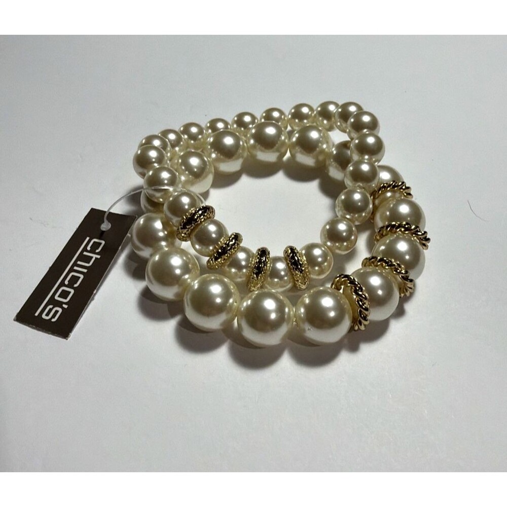 Chico's Faux Pearl Gold Tone 3 Strand Stretch Stack Bracelet New With Tags NWT